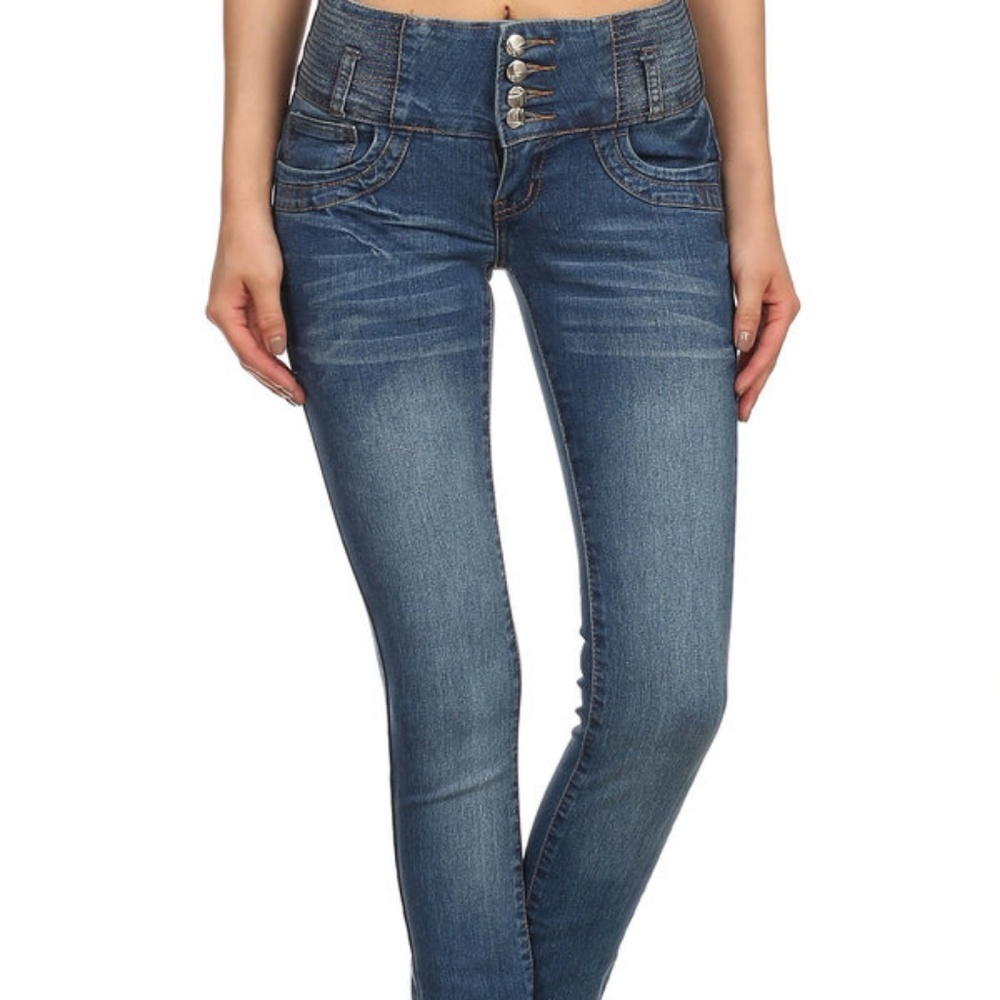 Denim Wide Waist Button Detail Jeans